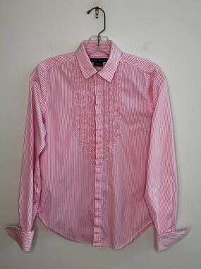 Ralph Lauren Sz 8 Women's Pink & White Ruffle Cotton Long Sleeve Button Shirt